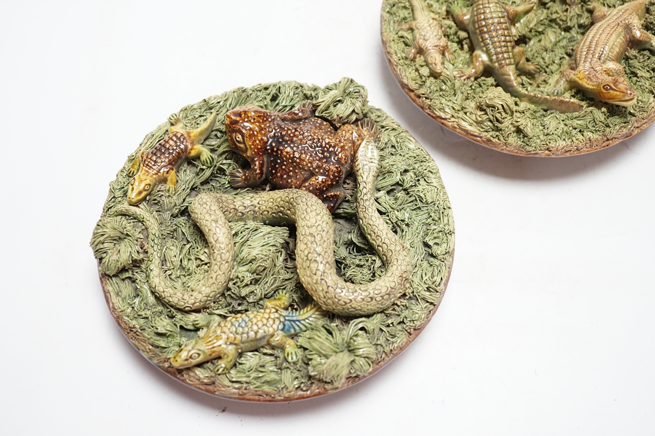 Two Caldas Palissy ware dishes decorated with crocodiles, a frog and a snake, the larger 21cm diameter